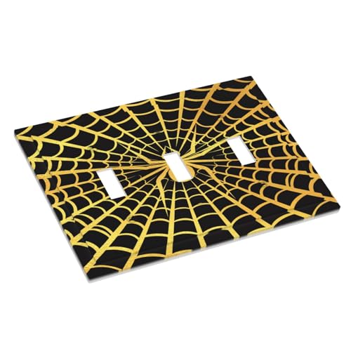 Decorative Switch Plate Covers Black Background with Golden Spiderweb Spider 3 Gang Light Switch Cover Plate Triple Toggle Wall Plate Light Switch Covers for Bedroom Home Decor