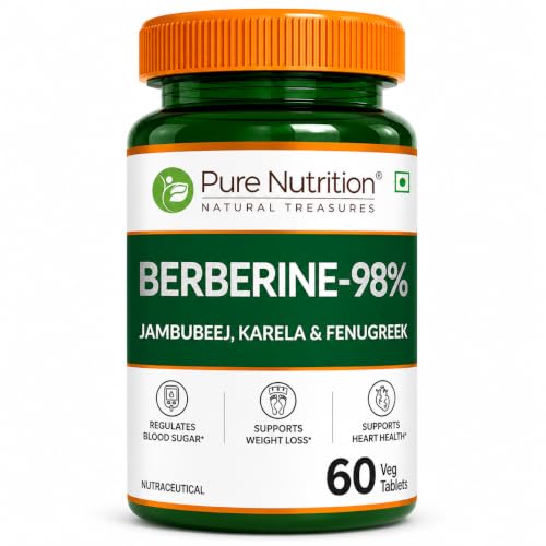 Image of Pure Nutrition Berberine supplements 98% | Berberine Tablets with Jamun Beej, Karela & Fenugreek Extract | Supports Blood Sugar Control, Weight Management, Heart & Metabolic Health | Natural Herbal Wellness Formula - 60 Veg Tablets