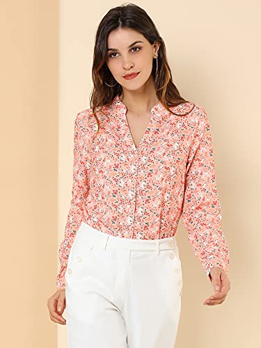 Allegra K Women's Chiffon Floral Tops V Neck Long Sleeve Button-Up Blouse Shirt X-Small Pink #TOP2