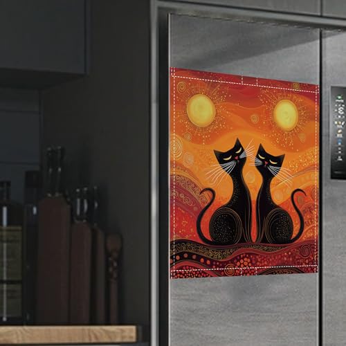 Image of Black Cat Magnetic Dishwasher Cover,Ethnic Sun Dishwasher Covers for The Front Magnetic Dishwasher Panel Decal Cover for Kitchen 23x26inch