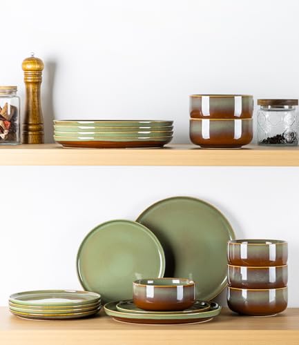 Image of TheTerra Ceramic Dinnerware Sets for 6, 18 Pieces Handmade Reactive Glaze Plates and Bowls Set, Scratch Resistant Dish Set, Oven & Microwave & Dishwasher Safe, Sage Umber