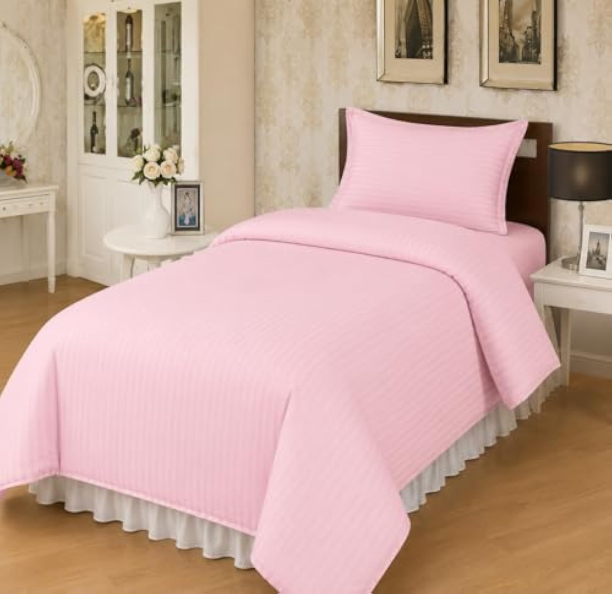200 TC Cotton Satin Stripe Single Bedsheet with Pillow Covers