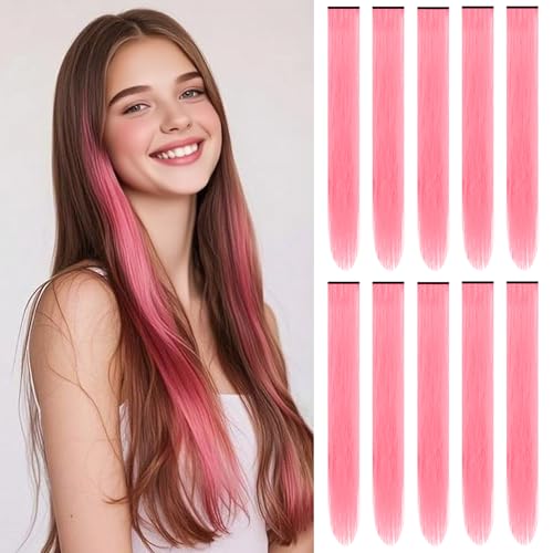 TOFAFA 22 inch Pink Hair Extensions, Colored Party Highlights Clip in Long Straight Hairpiece colorful Synthetic Hair Extensions for Kids Girls Women Halloween Cosplay Gift(10 PCS Pink)