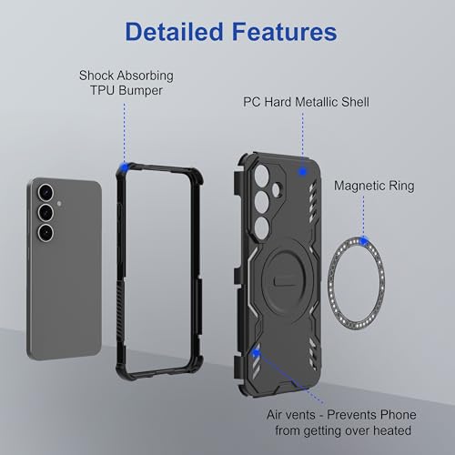 Image of amazon basics Back Case Cover for Samsung Galaxy S25 5G | Magnetic Case with Built-in Metal Ring | Supports Mag-Safe Charger, Wallet & Car Mount | Shockproof Hybrid PC + TPU | Black
