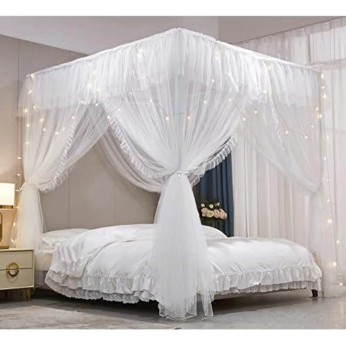 VETHIN 4 Corners Post Ruffle Princess Bed Canopy Curtain-Double Layer Cozy Drape Netting 4 Opening Mosquito Net for Girls Adults Bedroom Decoration (White/White, 59″ W*82″ L*82″*H/(Queen))