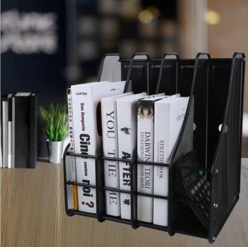 PLSOPPKG 4 Compartments Mesh Desk Organiser Magazine File Rack Holder, Metal Desk Book Sorter Storage Shelf for Home Office School, Office Desktop Document Paper File Storage Letter Tray Organizer