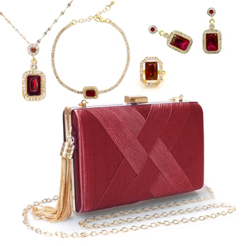 Image of 5 Pcs Clutch Purses for Women Jewelry Set Handbag with Necklace Earrings Ring Bracelet Vintage Banquet Handbag with Detachable Chain for Wedding Party Gift Supplies