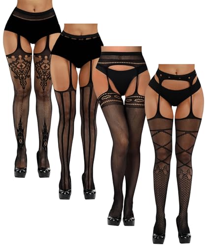 Image of Chalier Fishnet Stockings Lace Tights Thigh High Stockings for Women | Soft Elastic Blend, High Waisted, Suspender Pantyhose, Snug Body Hug, Classic Pattern, Skirt Shorts Match, Party Night Wear