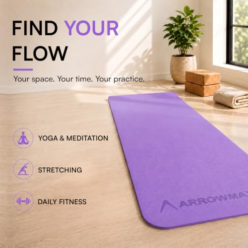 Image of Arrowmax 4mm Yoga Mat with Carry Cover for Men & Women, Anti-Skid Exercise Mat for Yoga, Pilates, Meditation, Stretching & Home Workout, Lightweight Portable Fitness Mat (PURPLE)