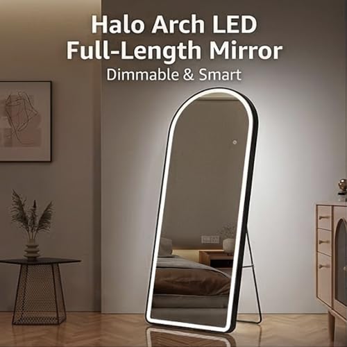 Image of The Artment Black Halo Arch LED Full-Length Unbreakable Mirror,Modern Floor Mirror with Touch Sensor,Dimmable Lighting,Slim Metal Frame, Freestanding or Wall-Leaning (160 x 50 CM)