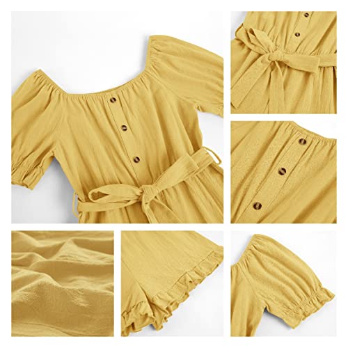 Dobulo Girl's Casual Puff Short Sleeve Summer Romper Button Elastic Waist Ruffle Short Jumpsuits #TOP4