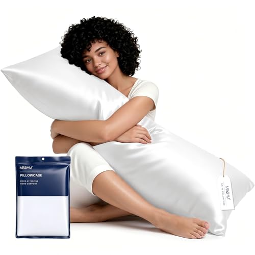 Image of MR&HM Satin Body Pillow Cover, Soft and Breathable Body Pillow Case with Envelope Closure, Cooling and Silky Long Pillowcase for Hair and Skin,Grey (20x54, White)