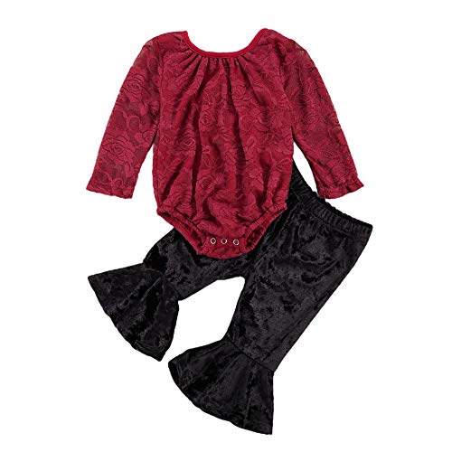 Infant Baby Girl Fall Clothes Off Shoulder Floral Lace Romper Bodysuit Velvet Bell-Bottom Pants Outfits Set (Wine Red+Black, 18-24 Months)