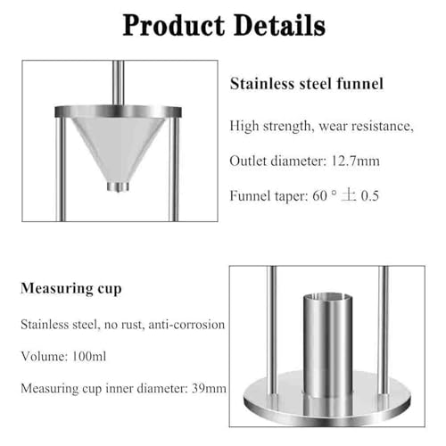 Este densímetro para Polvos, probador de Densidad aparente de Acero Inoxidable, Embudo cónico de 60°, Apertura de 12,7 mm, Ideal para Polvos metálicos y no metálicos.
