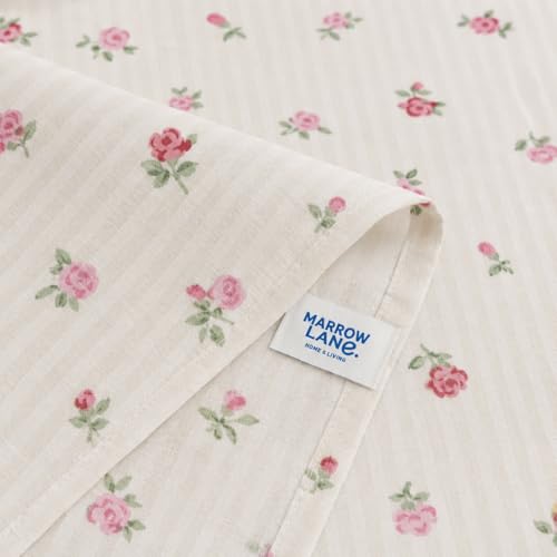Image of Marrow Lane 300 TC Soft Air Cotton Double Bedsheet | Petite Fleur | Flatsheet with 2 Pillow Covers | Ditsy Rosebud Stripe Print (228.6 x 254 cm, Ivory & Pink)