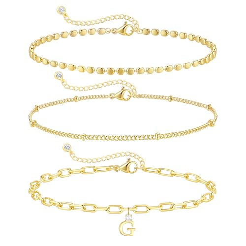 ZHESHY Gold Initial Bracelets for Women Dainty Letter G Charm Bracelets Non Tarnish 14K Gold Plated Stackable Layered Paperclip Link Chain Bracelets Stack Set Personalized Gifts Womens Jewelry - image 1