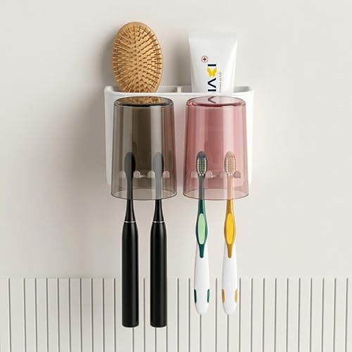 Image of Solitude Wall Mounted Tooth Brush Holder for Bathroom with 2 Mouthwash Cups | Bathroom Toothbrush Organizer | Multi-Compartment, Dustproof & BPA-Free Brush Holder for Bathroom Storage