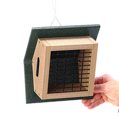 Birds Choice Snud Recycled Cake Upside Down Suet Feeder, Seed Block Feeder, 1 Suet Cake, 7"L X 6-1/4"W X 4-1/4"H , Taupe W/ Green Roof #TOP3