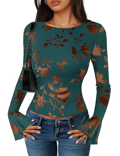 ZESICA Women's Long Sleeve Mesh Floral Tops 2025 Fall Fashion Boat Neck Bell Sleeve Fitted Shirts Going Out Y2k Outfits
