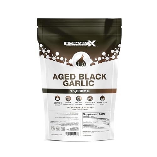 Aged Black Garlic Tablets 15 000mg (180 Vegan Odourless Garlic Tablets) High Strength Black Garlic Extract with SAC & Vitamin B1