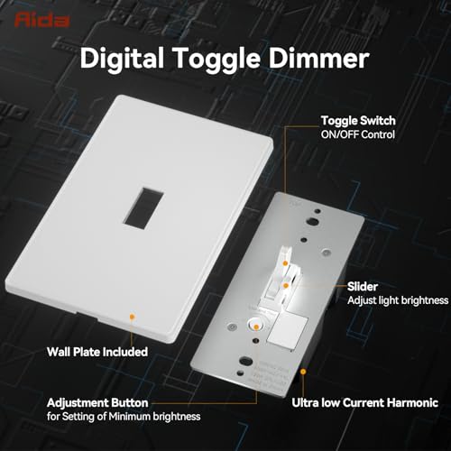 Image of AIDA Digital Toggle Dimmer Switch for Dimmable LED, CFL & Incandescent Bulbs, Single Pole /3-Way, Screwless Wall Plate Included, UL Listed, No Neutral Wire Needed, Matte White (1 Pack)