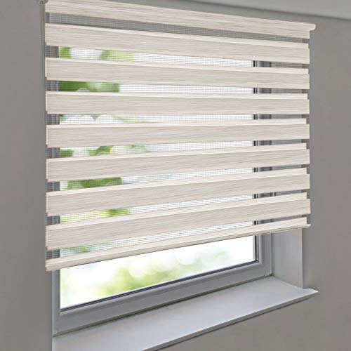 Doppelrollo Premium 150 x 220 cm Leinen-Struktur Creme - Duorollo Vario Seitenzug zum Anschrauben freihängend für Wandmontage und Deckenmontage - inkl. Metallträger