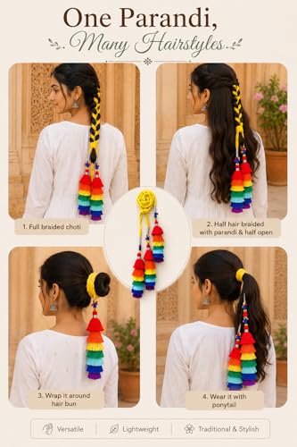 Image of Zippy Flora Satrang Cotton Parandi (Multi) | Handmade Boho Parandi | Traditional Hair Accessory with Braid Tassles & Shells | Hair Extension |Choti for Women | 22 Inches Length