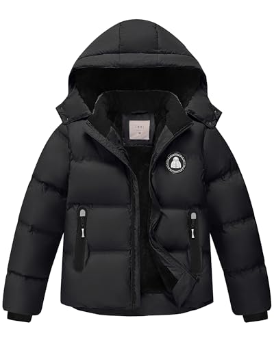 Zoofly Winterjacke Jungen Kinder Jacke Warm Gefüttert Puffer Jacken Kinderjacken Winter mit Abnehmbar Kapuze Wanderjacke, Schwarz 140 (M)