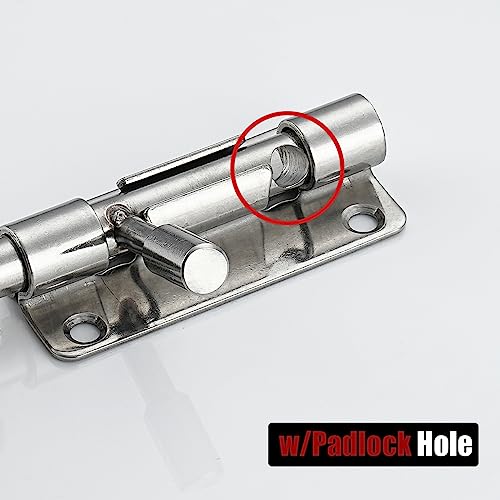 JQK Door Latch Lock Barrel Bolt 4 Inch, 304 Stainless Steel Slide Gate Latches Security Thickened 1.4mm with Padlock Hole, Silver, 2 Pack HBB120-P2 - Image 5