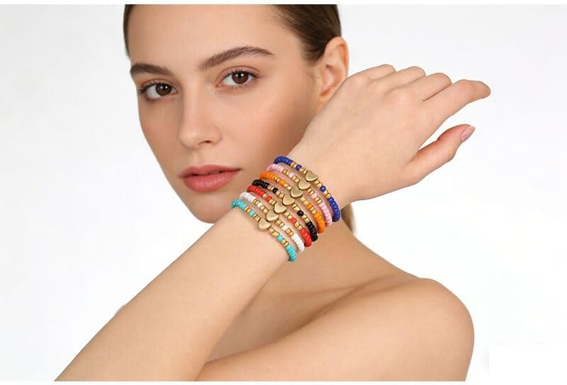 ONLYJUMP 5Pcs Multilayer Red Heart Clay Stackable Bracelets Set for Women Unique Colorful Surfer Heishi Clay Gold Beaded Stretch Bracelets Summer Beach Boho Vacation Jewelry Gifts - Image 2
