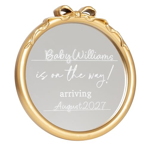 Image of Kate & Milo Gold Bow Baby Announcement Mirror Sign, inchBaby Is On The Way inch Pregnancy Reveal Plaque, Personalized Baby Name & Due Date Nursery Decor