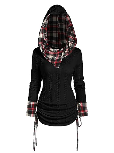 Image of ZEZCLO Women's Twisted Cable Knit Plaid Print Hooded Sweater Mock Button Ruched Shawl Neck Knit Top