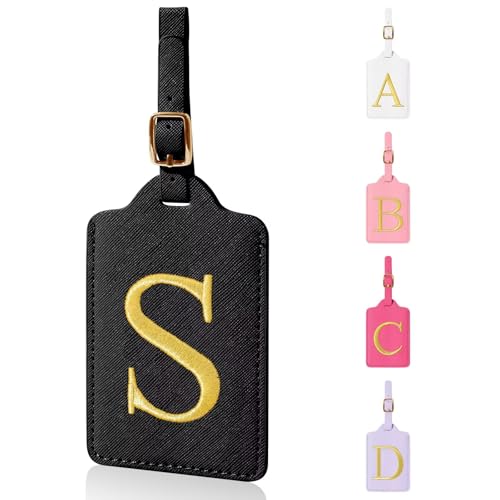 Personalized Initial Luggage Tags for Suitcases,Leather Letter Cute Luggage Tags with Privacy Name Card,Embroidered Monogrammed Travel Bag Backpack Tag Gifts for Women Kids Girls Teens(Black-S)