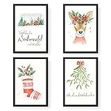 Kunstdrucke Weihnachten 4 Premium Poster DIN A4 | Bilder als Weihnachtsdekoration - Aquarell - hochwertig | ungerahmt | Wandbild - Set 4