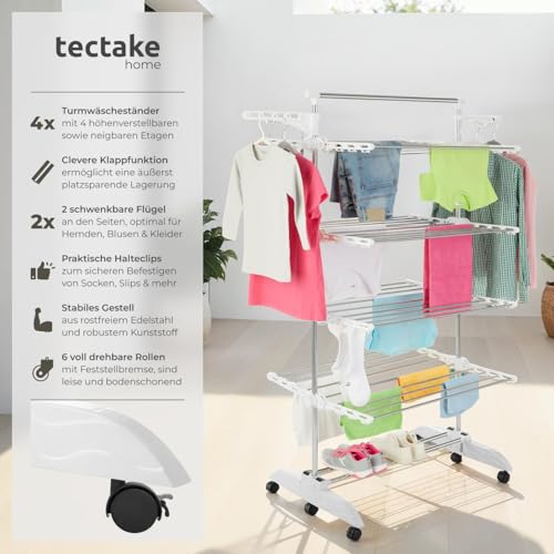 tectake® Wäscheständer, Turm Wäschespinne mit 4 höhenverstellbaren Ebenen, Wäschetrockner mit Rollen, platzsparender Wäscheturm, 2 drehbare Seitenflügel, klappbarer Standtrockner für Innen & Außen – Bild 4