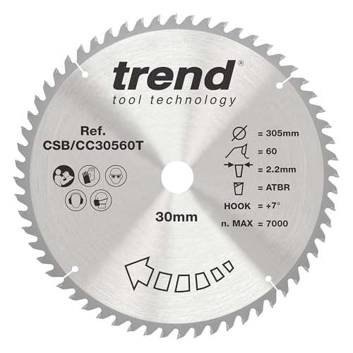 Trend Wood Cordless ATBR Mitre Saw Blade, 305mm Diameter, 30mm Bore, 60 Teeth, 2.2mm Kerf, +7° Hook, TCT, Fine Finish, CSB/CC30560T