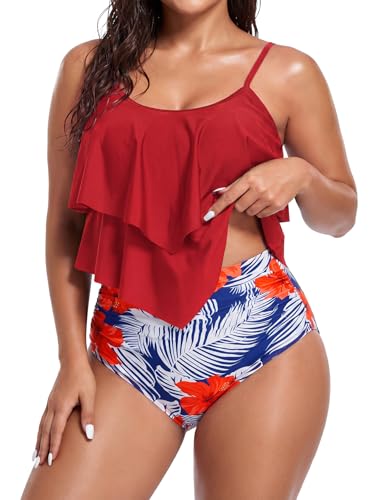 Image of Bathing Suits for Women High Waisted Swimsuits Tummy Control Two Piece Tankini Ruffled Top with Swim Bottom Bathing Suits