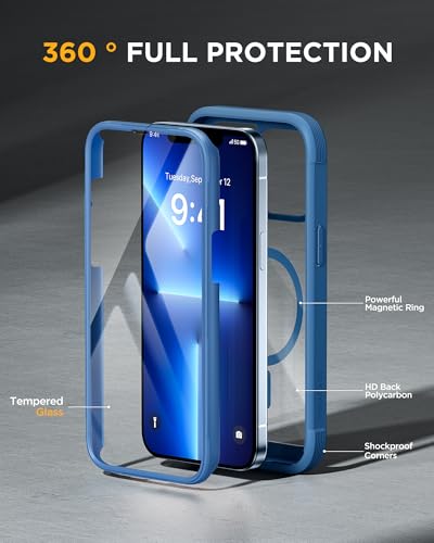 Image of Miracase Magnetic for iPhone 13 Pro Max Case 6.7 inch, (Compatible with MagSafe) Upgrade Full-Body Clear Phone Bumper Case with Built-in 9H Tempered Glass Screen Protector, Magnetic Capri Blue