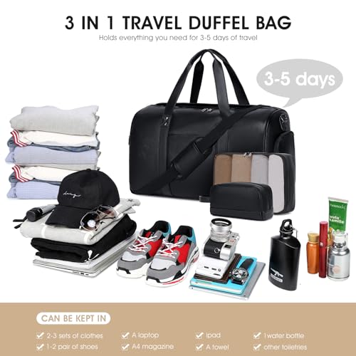 Wogarl 3PCS Leather Weekender Bag for Women Men: Large Overnight Travel Duffel Bags with Shoe Compartment Toiletry Packing Cube Carry On Tote Fit 21\"(Black) - Thumbnail 3