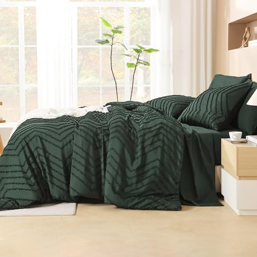 Image of Litanika Forest Green Queen Size Comforter Set with Sheets - 7 Pieces Bed in a Bag Queen Boho Tufted Complete Bedding Sets with Comforter, Sheets, Pillowcases & Shams