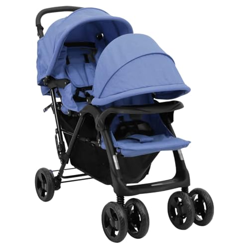 vidaXL Poussette à Deux Places Landau Pliable de Vayage Poussette de Voyage pour Tout-petit Extérieur Protection contre Rayons UV Bleu Marine Acier