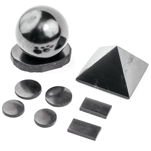 Karelian Masters Shungite Pyramid EMF Protection Stone and Sphere Ball with Stand and Shunite Phone Sticker Plate 6 Pieces Set | Authentic Shungite Healing Crystal from Russia