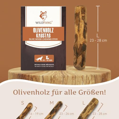 Wildfang® Olivenholz für Hunde, Größe L – robuste Kau-Sticks für Starke Kauer, Welpen-Kauspielzeuge zur Zahnung, Training der Kaumuskulatur, Olivenholz-Kaustab für Hunde (über 25kg)