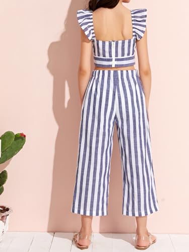 Image of Floerns Girls 2 Piece Outfit Boho Striped Ruffle Sleeve Crop Top and Bow Front Pants Set Navy Blue 7Y