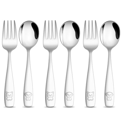 Joyfair Kinderbesteck, 6-teilig Edelstahl Kleiner Kinder Besteck Set mit Gravur, Kindergeschirr Set mit 3 x kindergabel und 3 x Kinderlöffel für Mädchen Jungen ab 3 Jahre, Gesund & Spülmaschinenfest