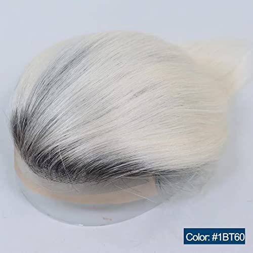 Happy&Cc Thin Skin French Lace Toupee For Men Human Hair 1B Off Black Roots Ombre #60 Platinum Blonde Color Mens Hair Replacement System Medium Density #TOP6