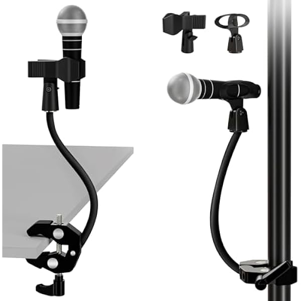 Gooseneck Microphone Stand, Adjustable Microphone Holder with 2 Universal Mic Clips, Gooseneck Mic Stand with 3/8"-16 Adapter for Recording Studio, Live Streaming, Podcast and Broadcasting