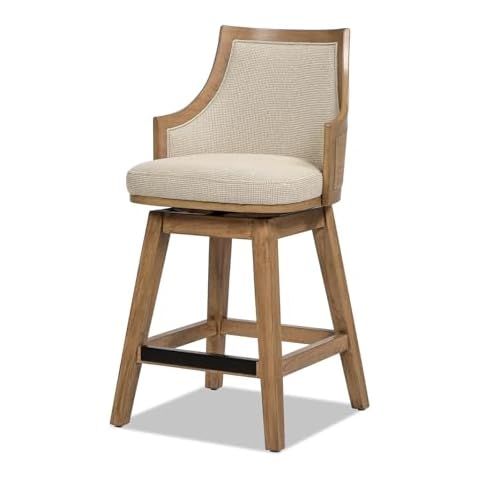 Jennifer Taylor Home Bahama 26" Cane Rattan High-Back Swivel Counter Stool with Recessed Arms, Taupe Beige Textured Weave Cover