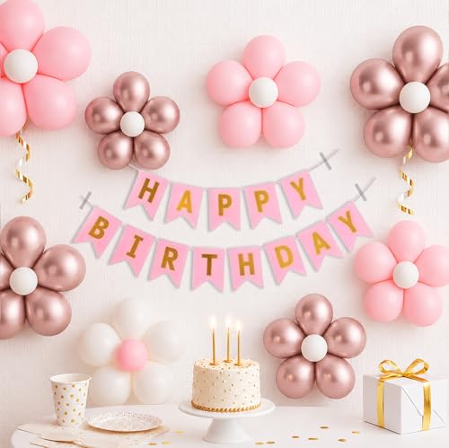 Image of Party Propz Flower Balloons For Decoration - 60 Pcs | Pink And White Balloons For Birthday | Flower Clips | Flowers Decoration For Birthday Party | Happy Birthday Banner (Latex)