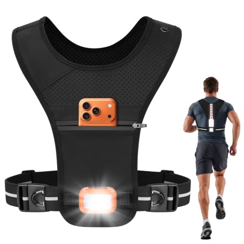 MOKURA Running Vest with Light for Women Men, Phone Holder Reflective Vest